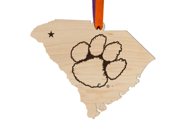 Clemson Ornament Tiger Paw on State