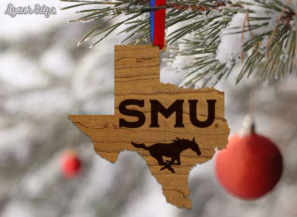 Southern Methodist University - Ornament - State Map with "SMU" over Mustang