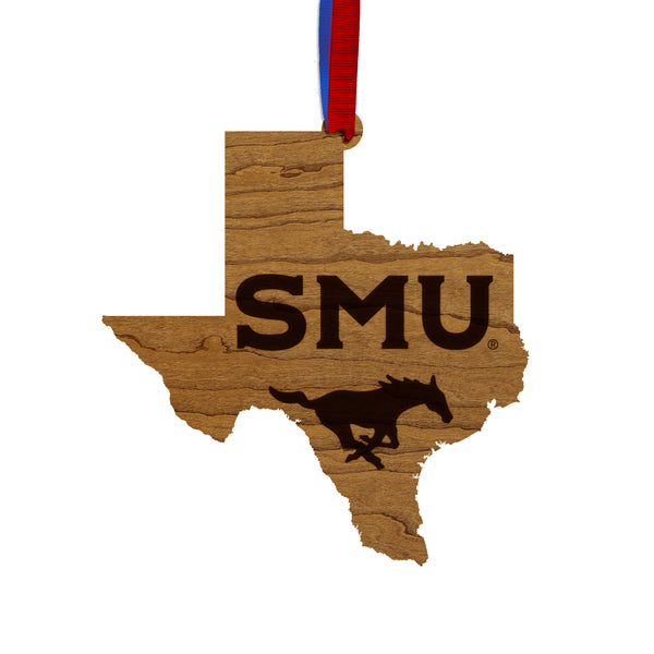 Southern Methodist University - Ornament - State Map with "SMU" over Mustang