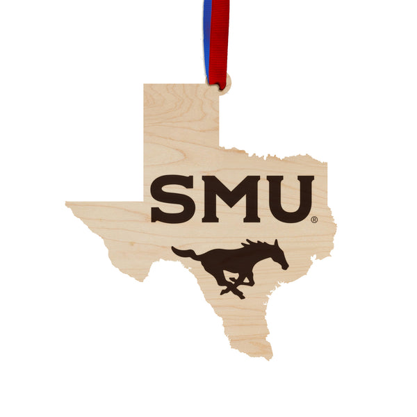 Southern Methodist University - Ornament - State Map with "SMU" over Mustang