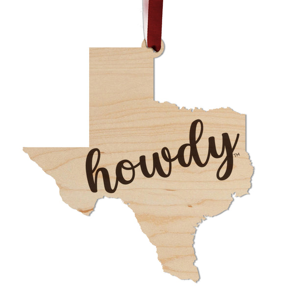 Texas A&M Ornament Texas A&M Howdy on Texas Outline