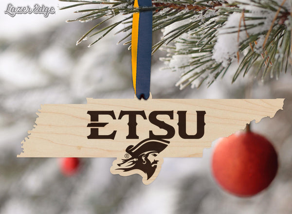 East Tennessee State University Buccaneer on State Ornament – Crafted from Cherry and Maple Wood – East Tennessee State Buccaneers