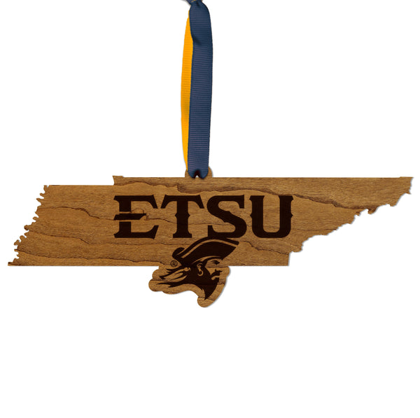 East Tennessee State University Buccaneer on State Ornament – Crafted from Cherry and Maple Wood – East Tennessee State Buccaneers