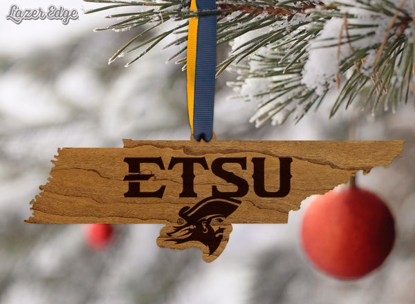 East Tennessee State University Buccaneer on State Ornament – Crafted from Cherry and Maple Wood – East Tennessee State Buccaneers