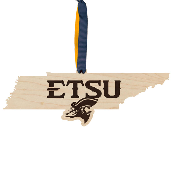 East Tennessee State University Buccaneer on State Ornament – Crafted from Cherry and Maple Wood – East Tennessee State Buccaneers