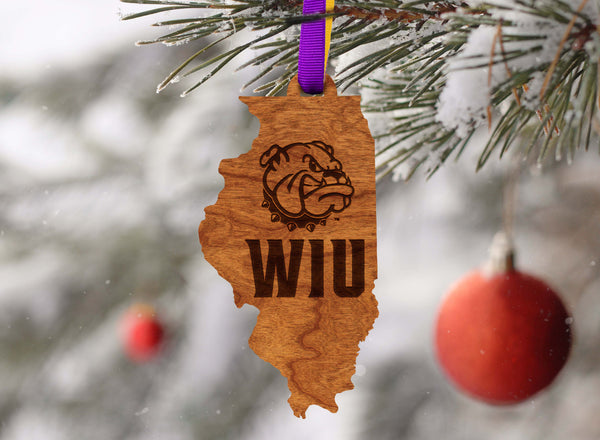 Western Illinois Ornament Western Leathernecks Bulldog – Crafted from Wood – Western (WIU)Logo  State Outline